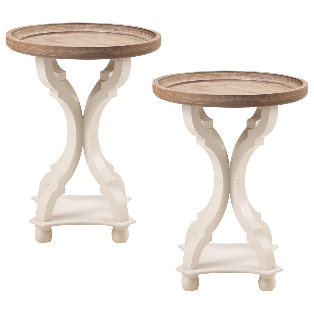 COZAYH Round Rustic Wood Accent Tray Top Nightstand Side Table, White, Set of 2