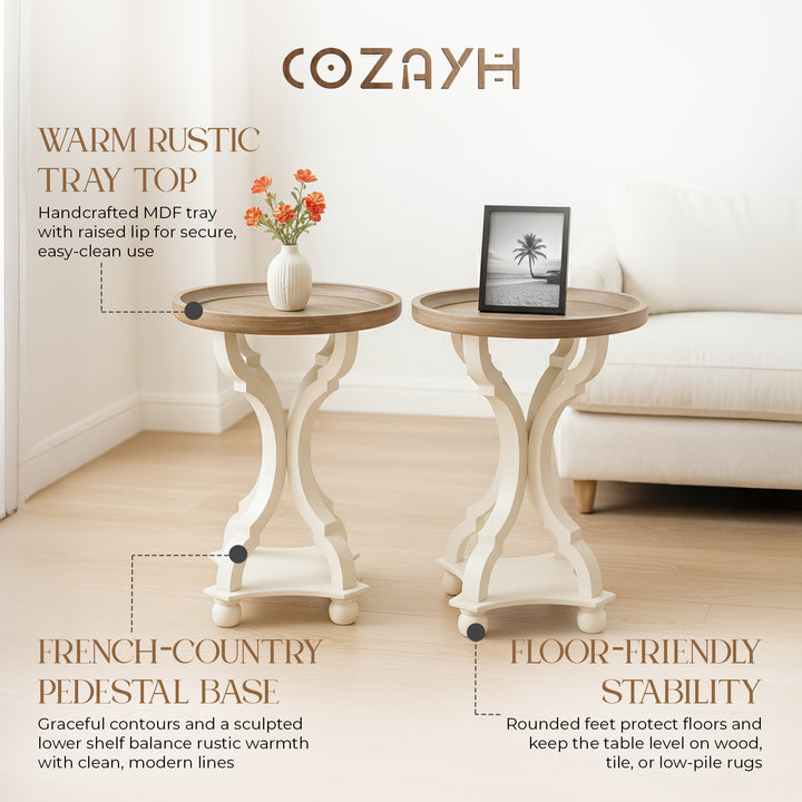 COZAYH Round Rustic Wood Accent Tray Top Nightstand Side Table, White, Set of 2
