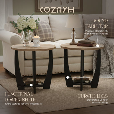 COZAYH Rustic Farmhouse End Table, Storage Shelf for Living Room, 2pc (Open Box)