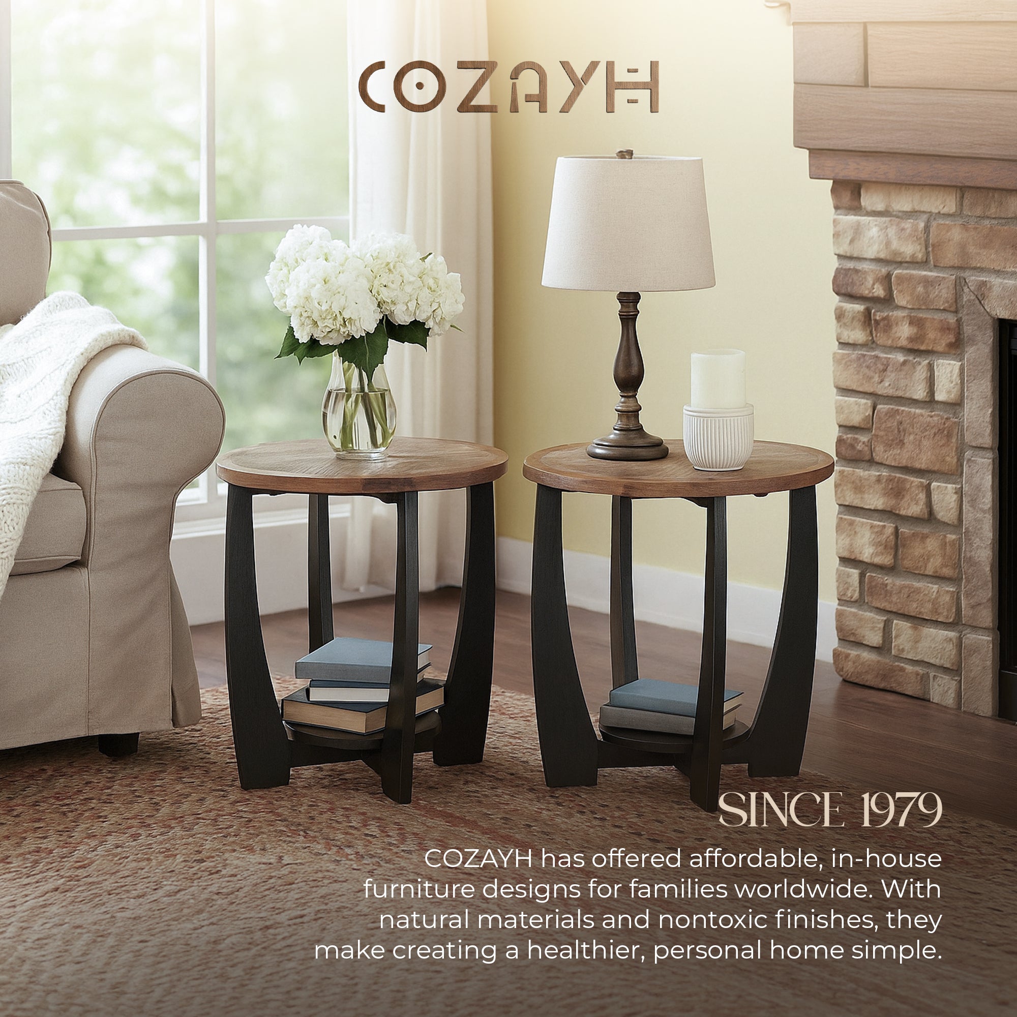 COZAYH Rustic Farmhouse End Table, Storage Shelf for Living Room, 2pc (Open Box)