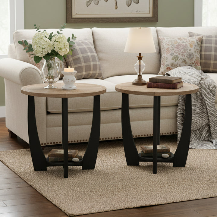 COZAYH Rustic Farmhouse Round End Table for Living Room Decor, Black, Set of 2
