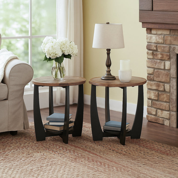 COZAYH Rustic Farmhouse Round End Table for Living Room Decor, Black, Set of 2