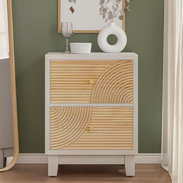 COZAYH 2-Drawer Farmhouse Bedroom Nightstand w/ Rustic Wood Ring Pattern, White