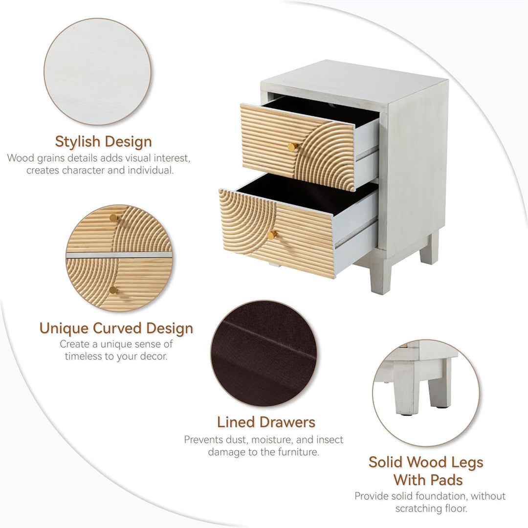 COZAYH 2-Drawer Farmhouse Bedroom Nightstand w/ Rustic Wood Ring Pattern, White