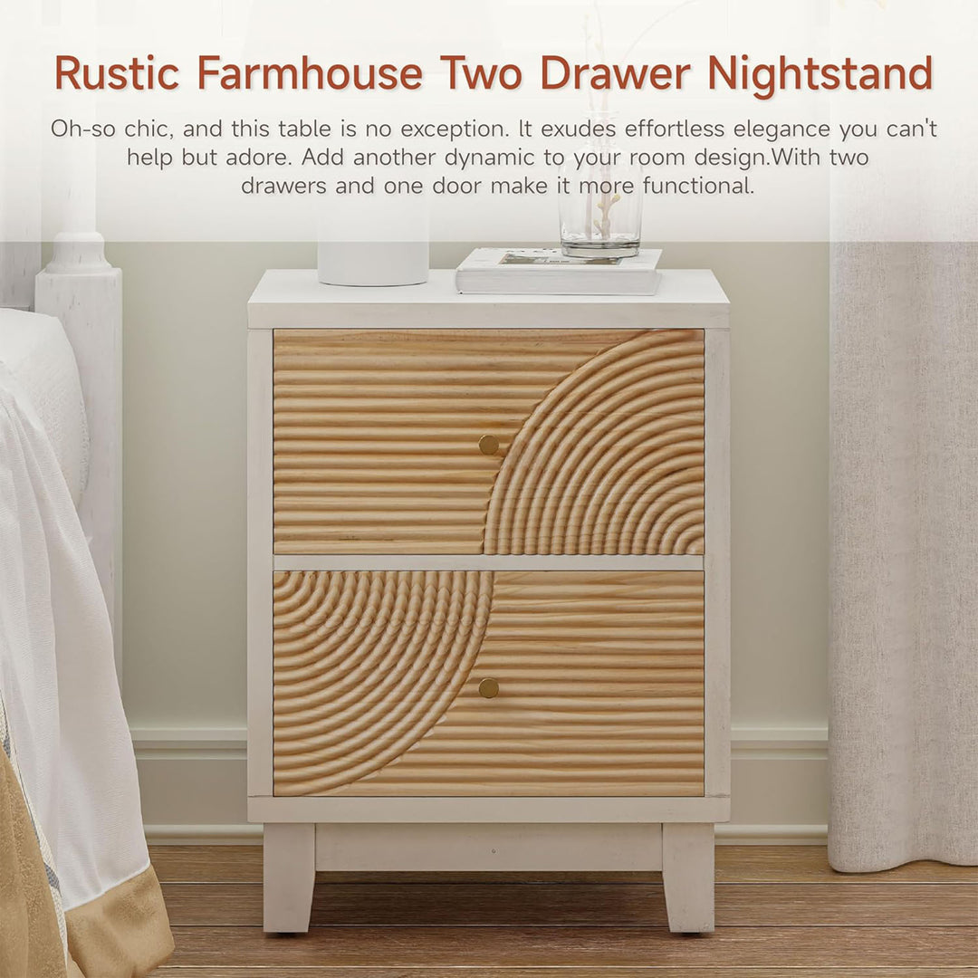 COZAYH 2-Drawer Farmhouse Bedroom Nightstand w/ Rustic Wood Ring Pattern, White