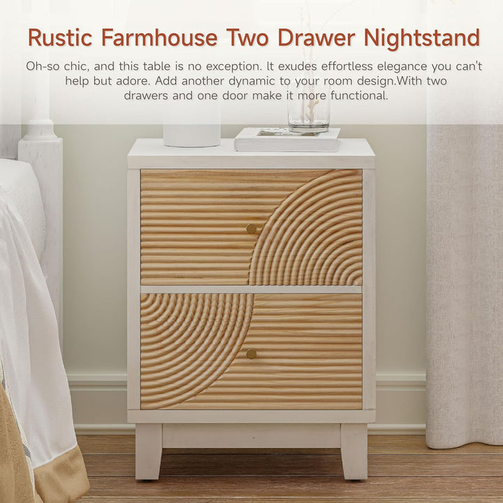COZAYH 2-Drawer Farmhouse Bedroom Nightstand w/ Rustic Wood Ring Pattern, White