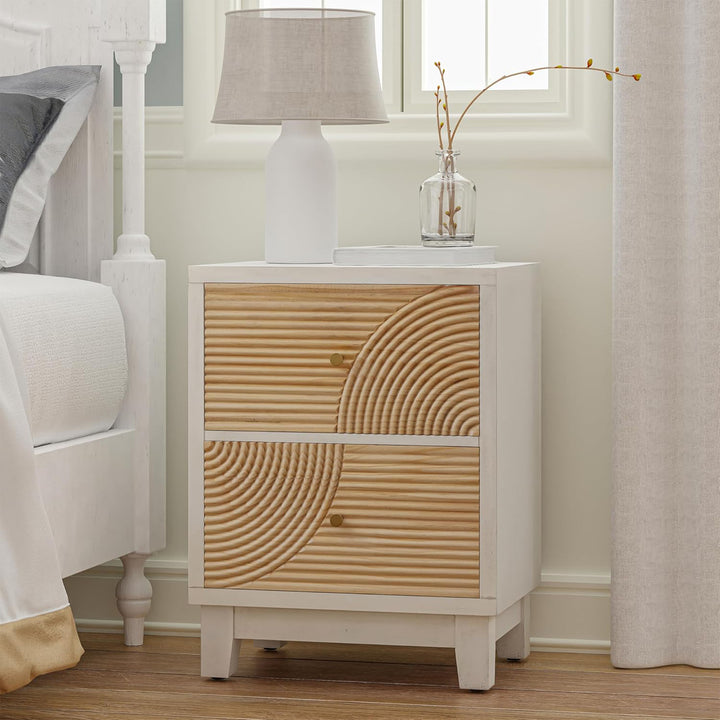 COZAYH 2-Drawer Farmhouse Bedroom Nightstand w/ Rustic Wood Ring Pattern, White