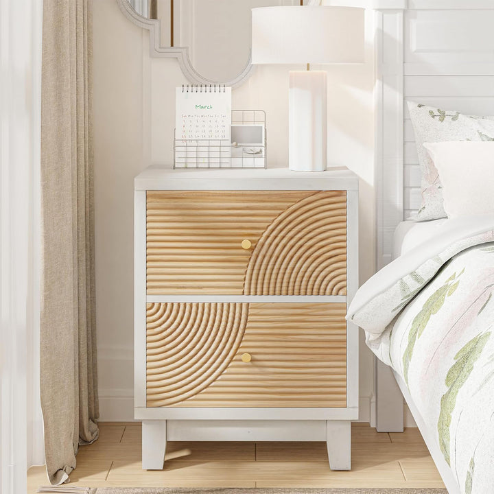 COZAYH 2-Drawer Farmhouse Bedroom Nightstand w/ Rustic Wood Ring Pattern, White