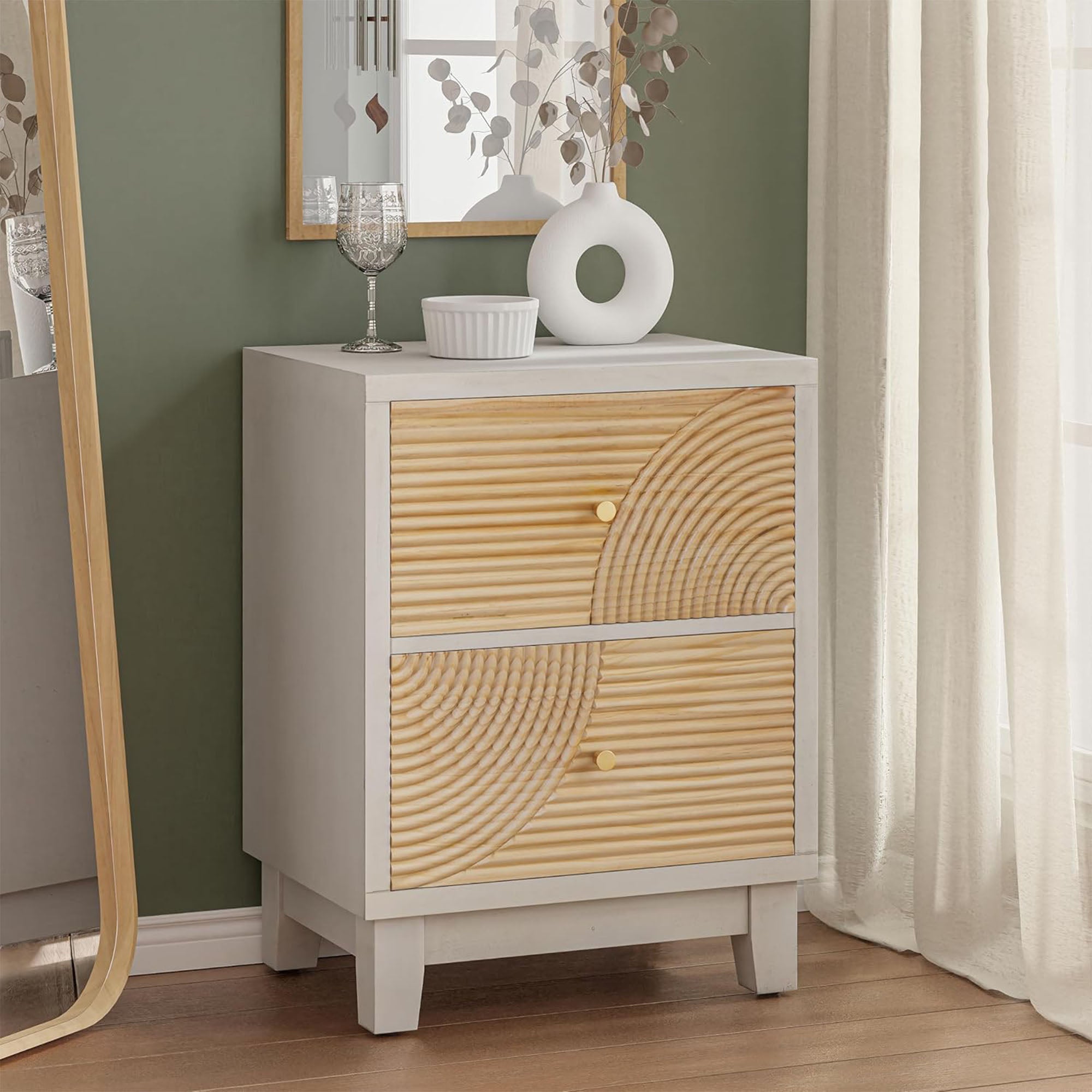 COZAYH 2-Drawer Farmhouse Nightstand w/Rustic Wood Ring Pattern (Open Box) - VMInnovations