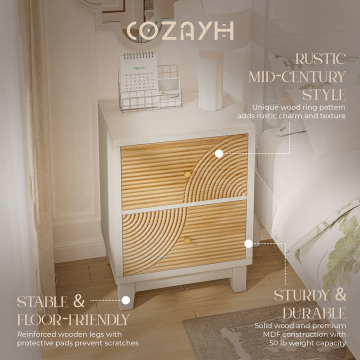COZAYH 2-Drawer Farmhouse Bedroom Nightstand w/ Rustic Wood Ring Pattern, White