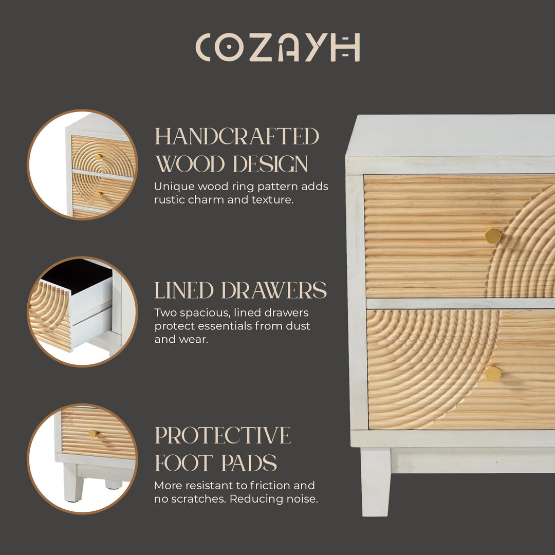 COZAYH 2-Drawer Farmhouse Bedroom Nightstand w/ Rustic Wood Ring Pattern, White