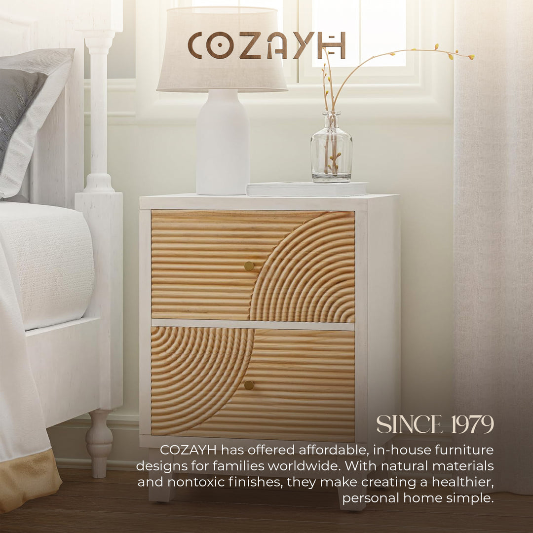 COZAYH 2-Drawer Farmhouse Bedroom Nightstand w/ Rustic Wood Ring Pattern, White