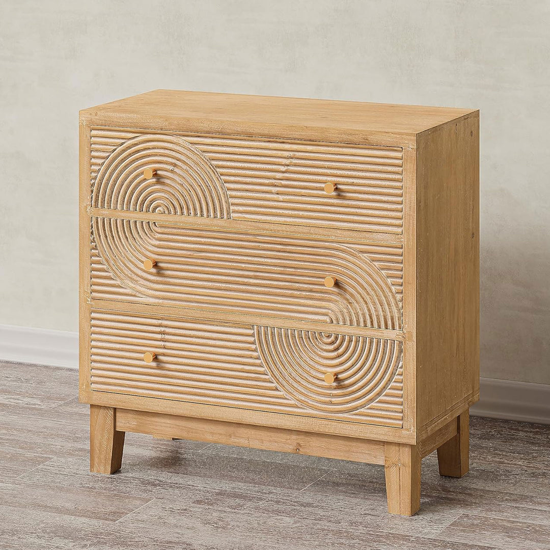 COZAYH 3-Drawer Farmhouse Dresser, Rustic Ring Motif Nightstand, Natural Wood
