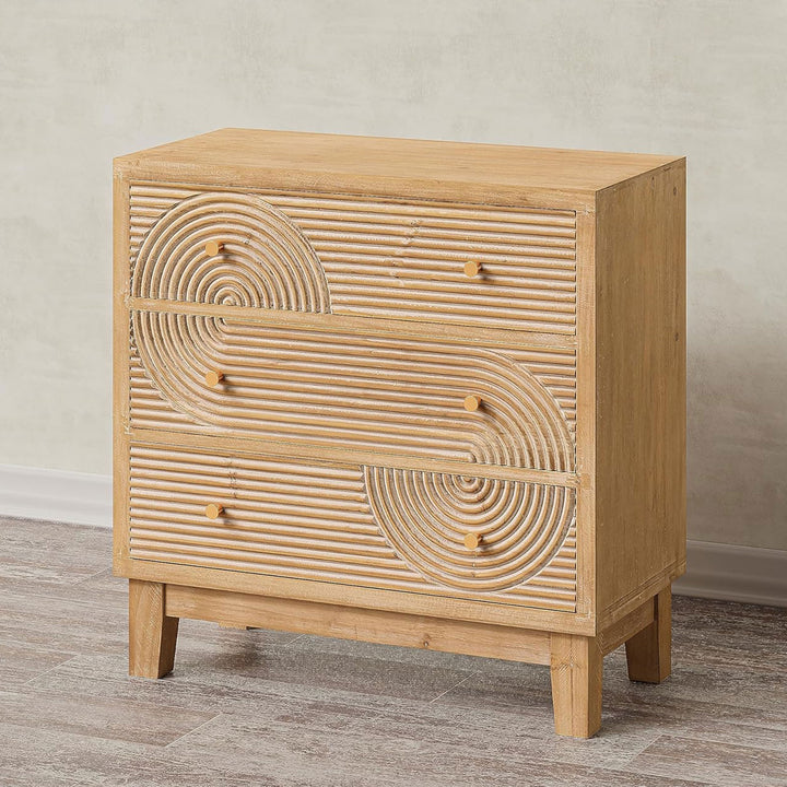 COZAYH 3-Drawer Farmhouse Dresser, Rustic Ring Motif Nightstand, Natural Wood
