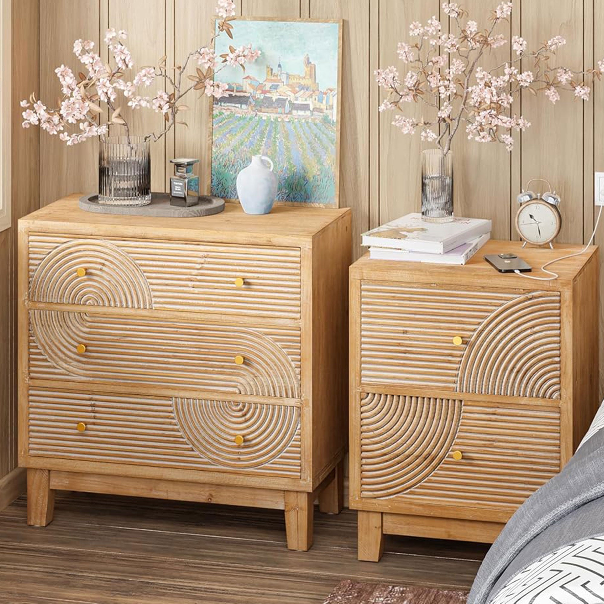 COZAYH 3-Drawer Farmhouse Dresser, Rustic Ring Motif Nightstand, Natural Wood - VMInnovations