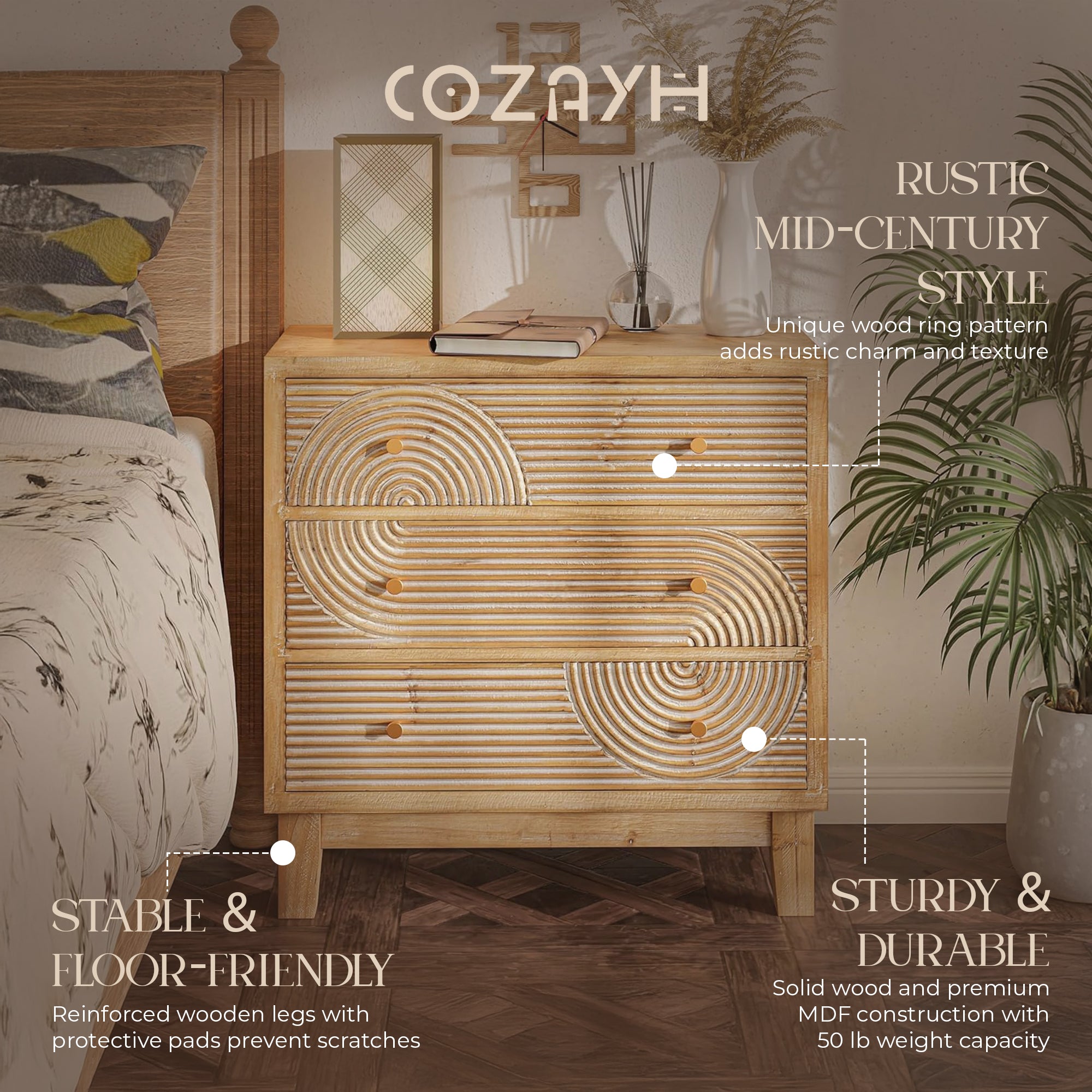 COZAYH 3-Drawer Farmhouse Dresser, Rustic Ring Motif Nightstand, Natural Wood - VMInnovations