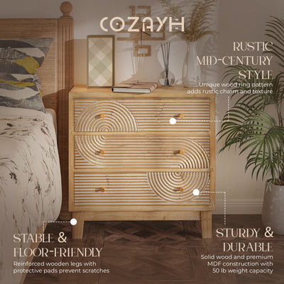 COZAYH 3-Drawer Farmhouse Dresser, Rustic Ring Motif Nightstand, Natural Wood - VMInnovations