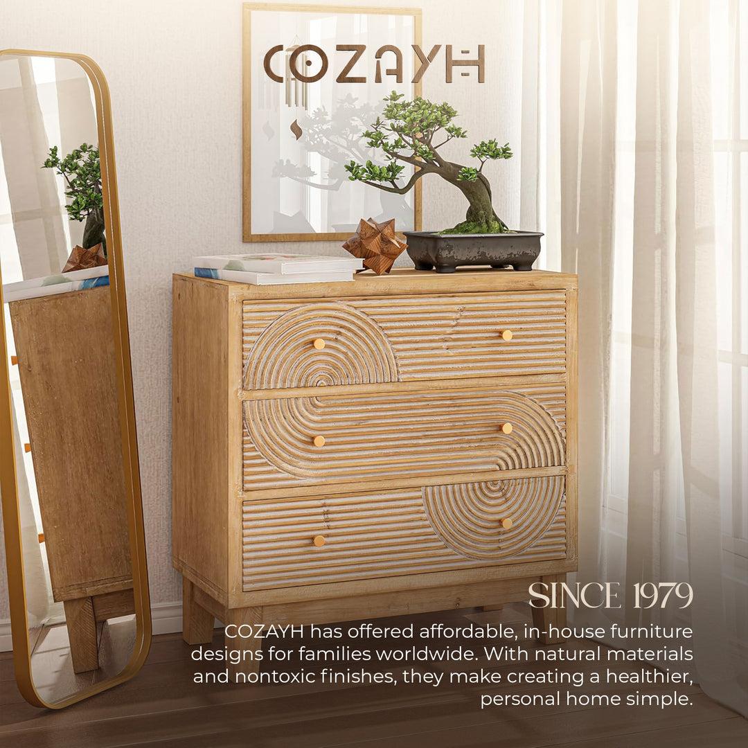 COZAYH 3-Drawer Farmhouse Dresser, Rustic Ring Motif Nightstand, Natural Wood