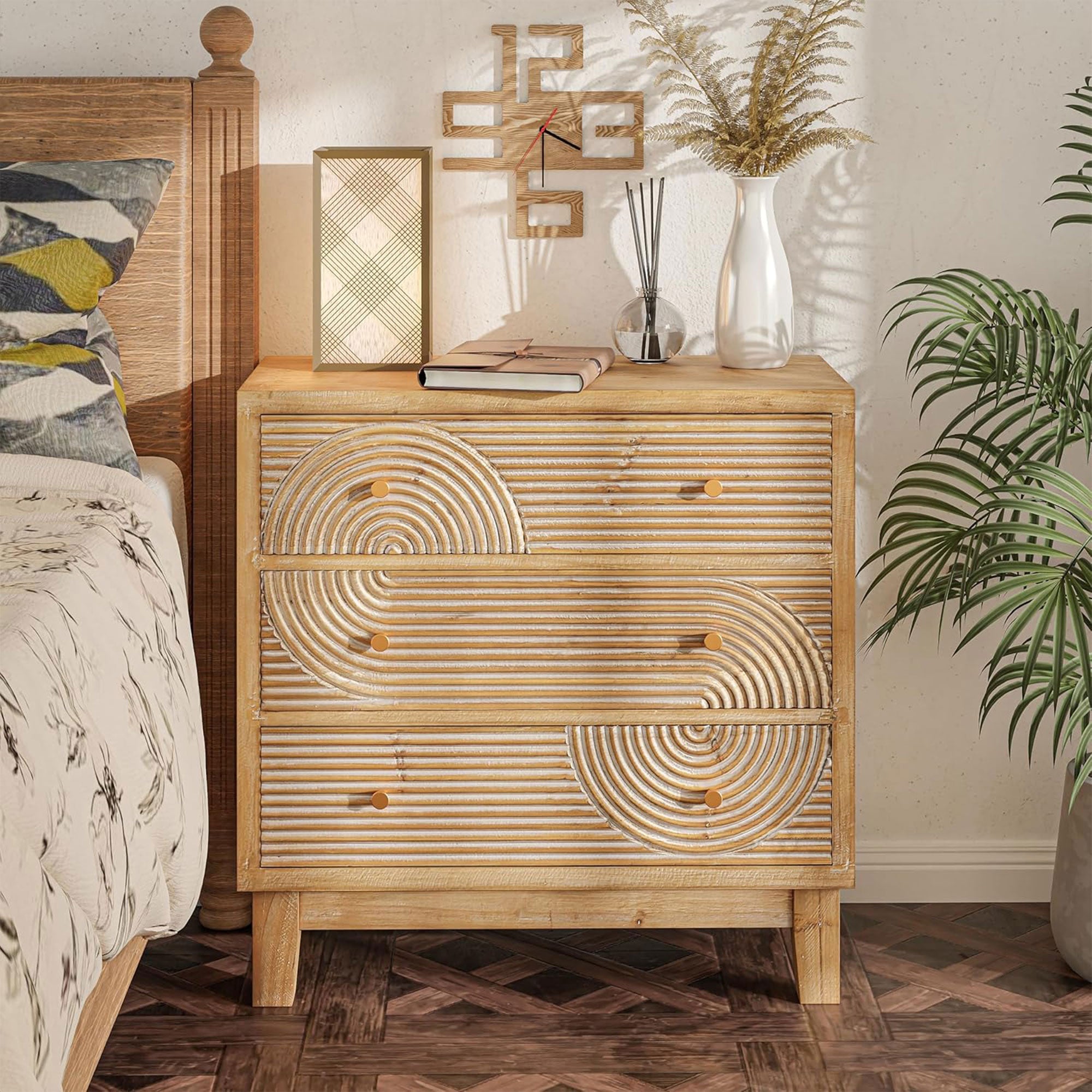 COZAYH 3-Drawer Farmhouse Dresser, Rustic Ring Motif Nightstand (Open Box)
