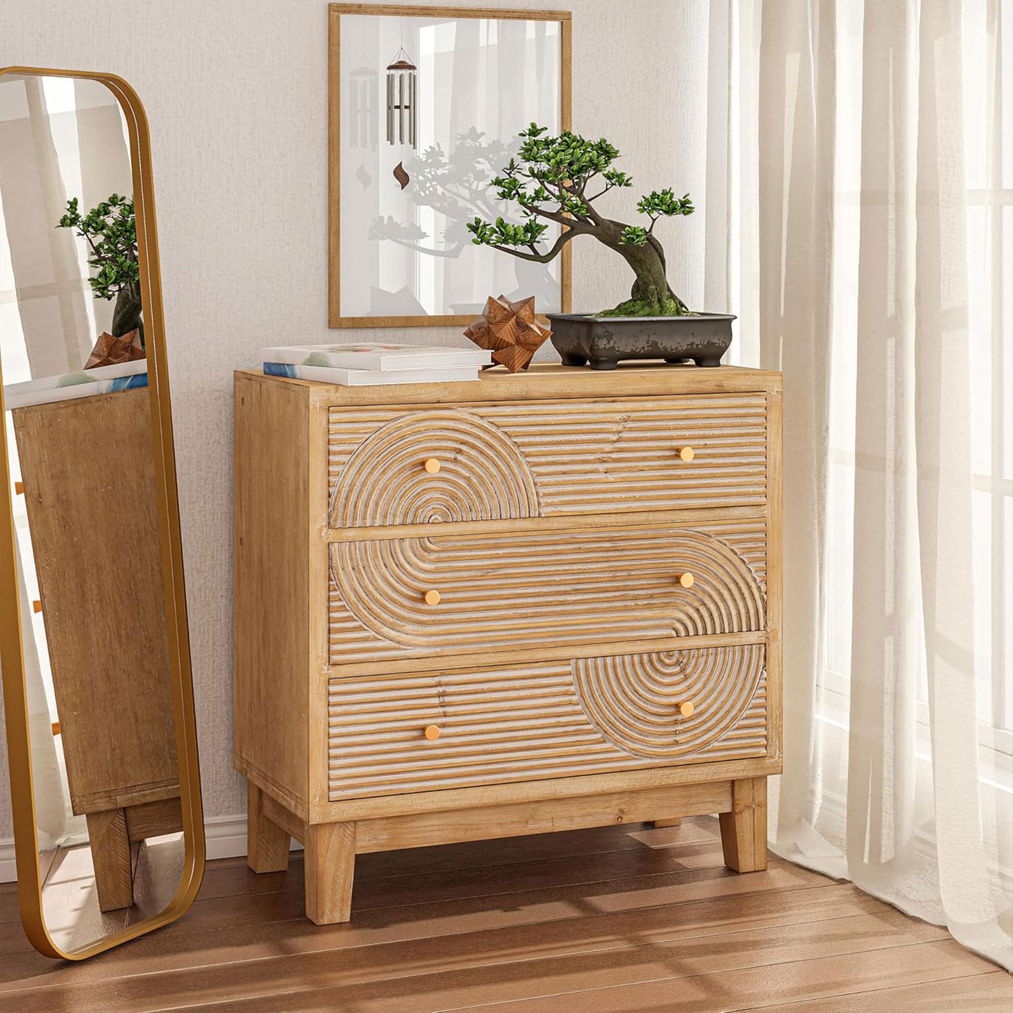 COZAYH 3-Drawer Farmhouse Dresser, Rustic Ring Motif Nightstand, Natural Wood - VMInnovations