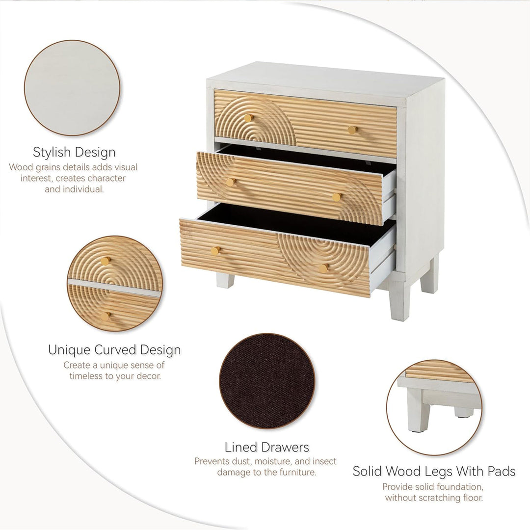 COZAYH 3-Drawer Farmhouse Dresser, Rustic Ring Motif Nightstand, White