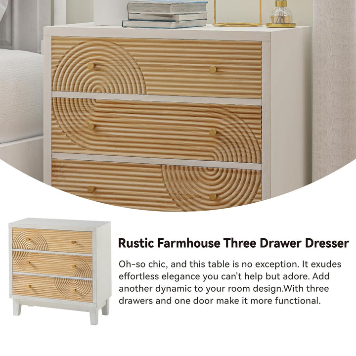 COZAYH 3-Drawer Farmhouse Dresser, Rustic Ring Motif Nightstand, White