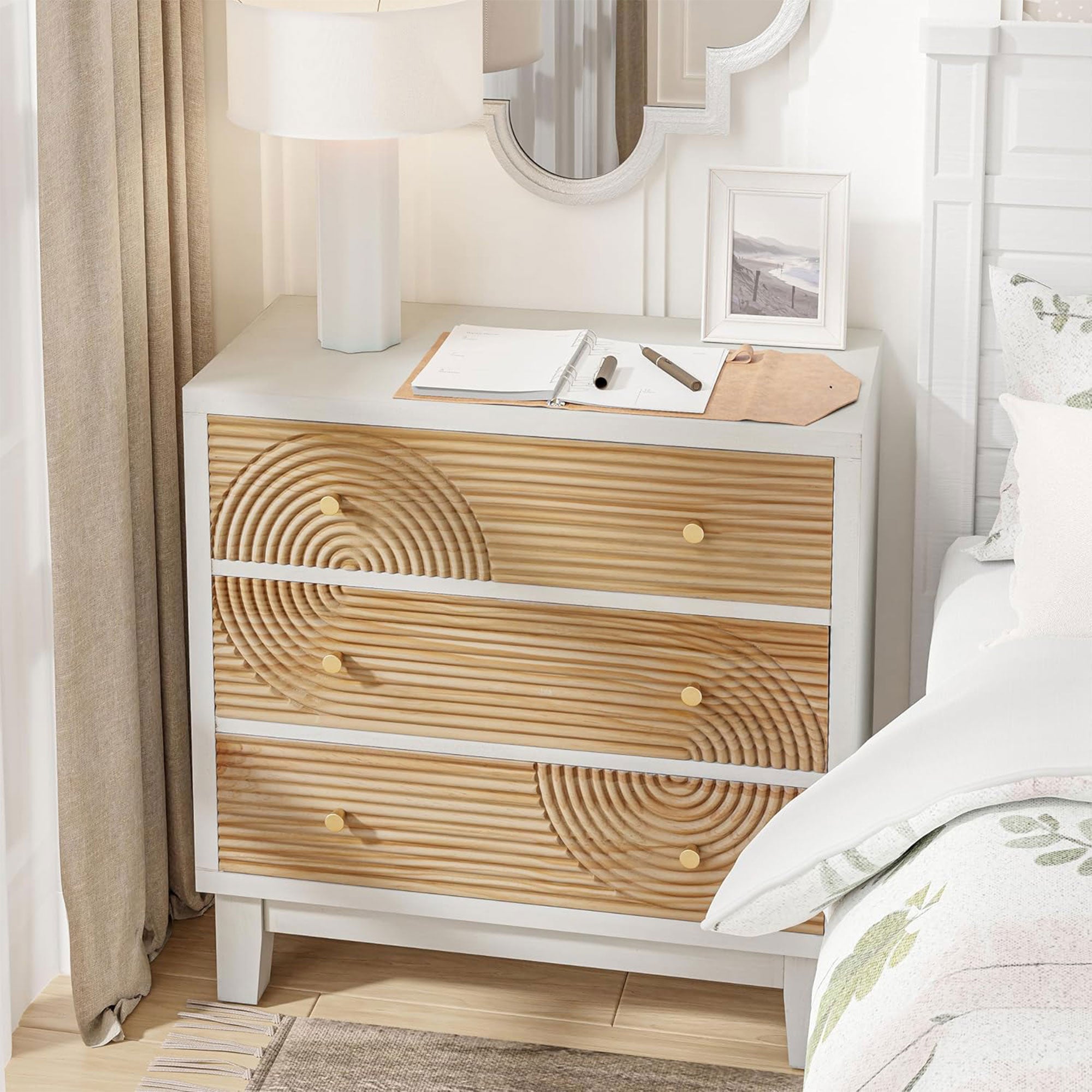 COZAYH 3-Drawer Farmhouse Dresser, Rustic Ring Motif Nightstand,(Open Box)
