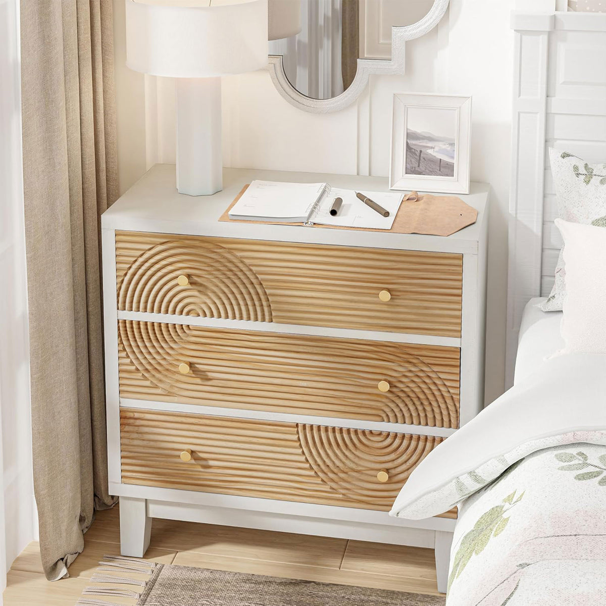 COZAYH 3-Drawer Farmhouse Dresser, Rustic Ring Motif Nightstand,(Open Box)