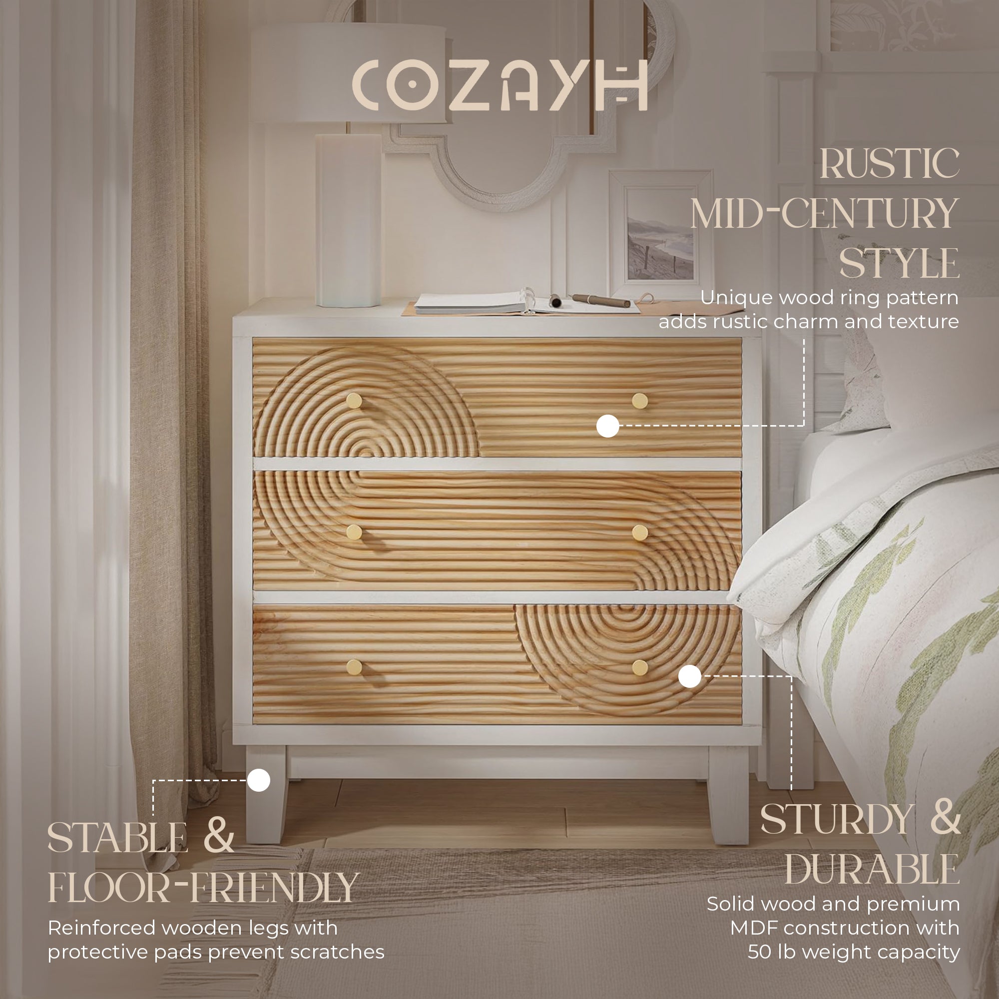 COZAYH 3-Drawer Farmhouse Dresser, Rustic Ring Motif Nightstand,(Open Box)