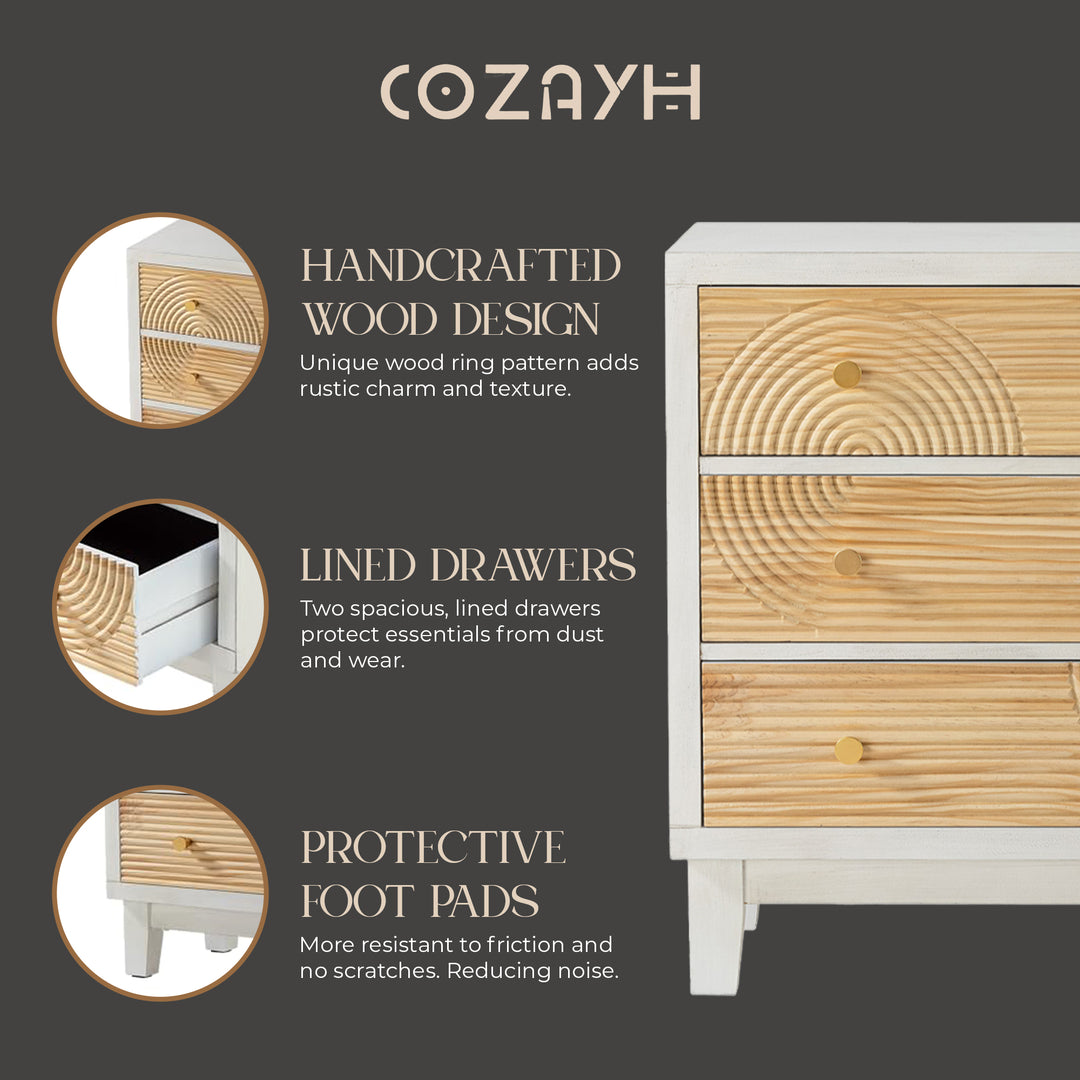 COZAYH 3-Drawer Farmhouse Dresser, Rustic Ring Motif Nightstand, White