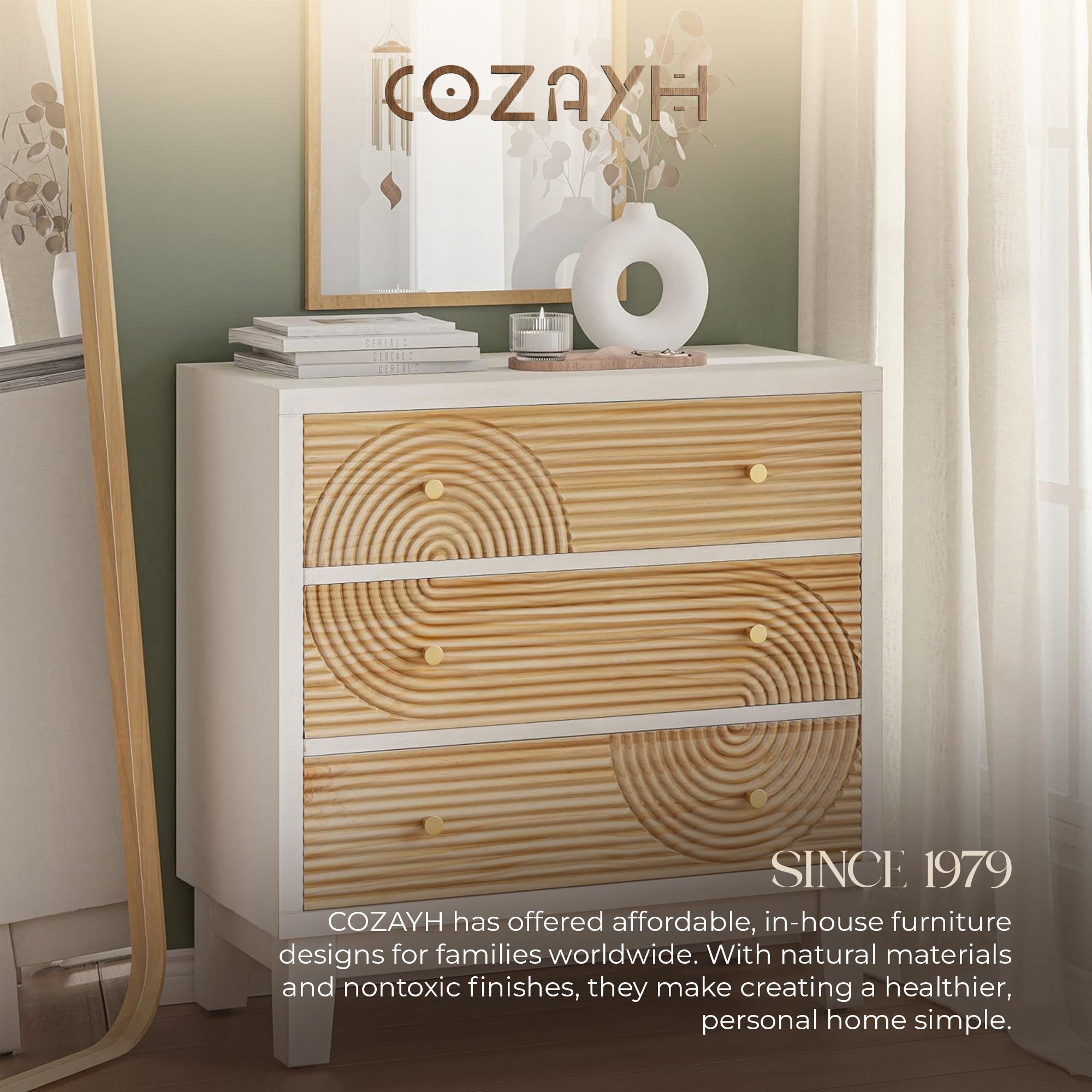 COZAYH 3-Drawer Farmhouse Dresser, Rustic Ring Motif Nightstand,(Open Box)