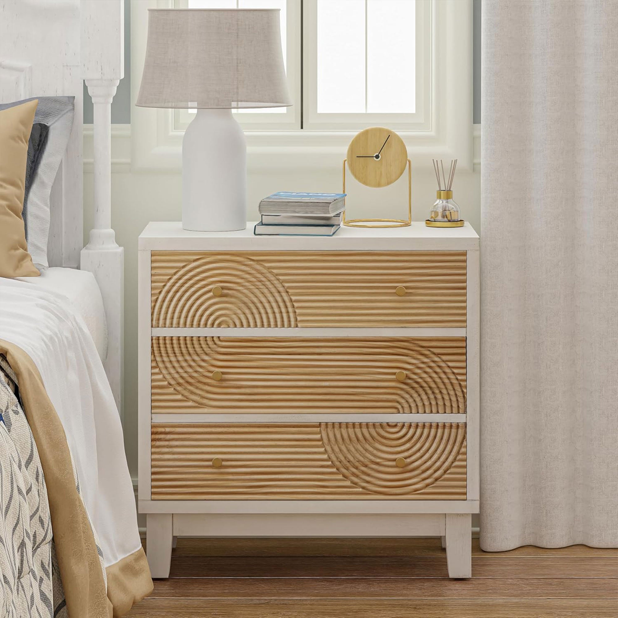 COZAYH 3-Drawer Farmhouse Dresser, Rustic Ring Motif Nightstand,(Open Box)
