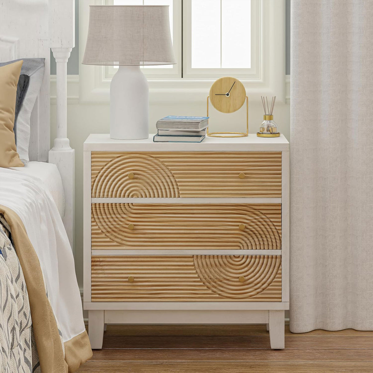 COZAYH 3-Drawer Farmhouse Dresser, Rustic Ring Motif Nightstand,(Open Box)