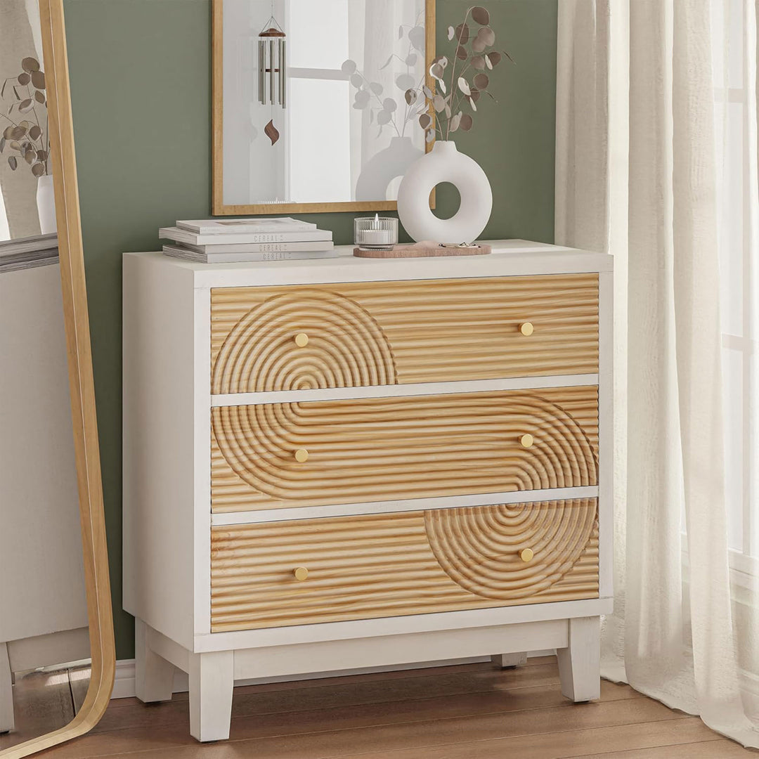 COZAYH 3-Drawer Farmhouse Dresser, Rustic Ring Motif Nightstand, White