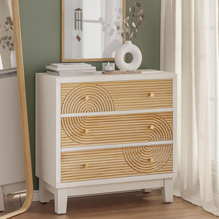 COZAYH 3-Drawer Farmhouse Dresser, Rustic Ring Motif Nightstand, White