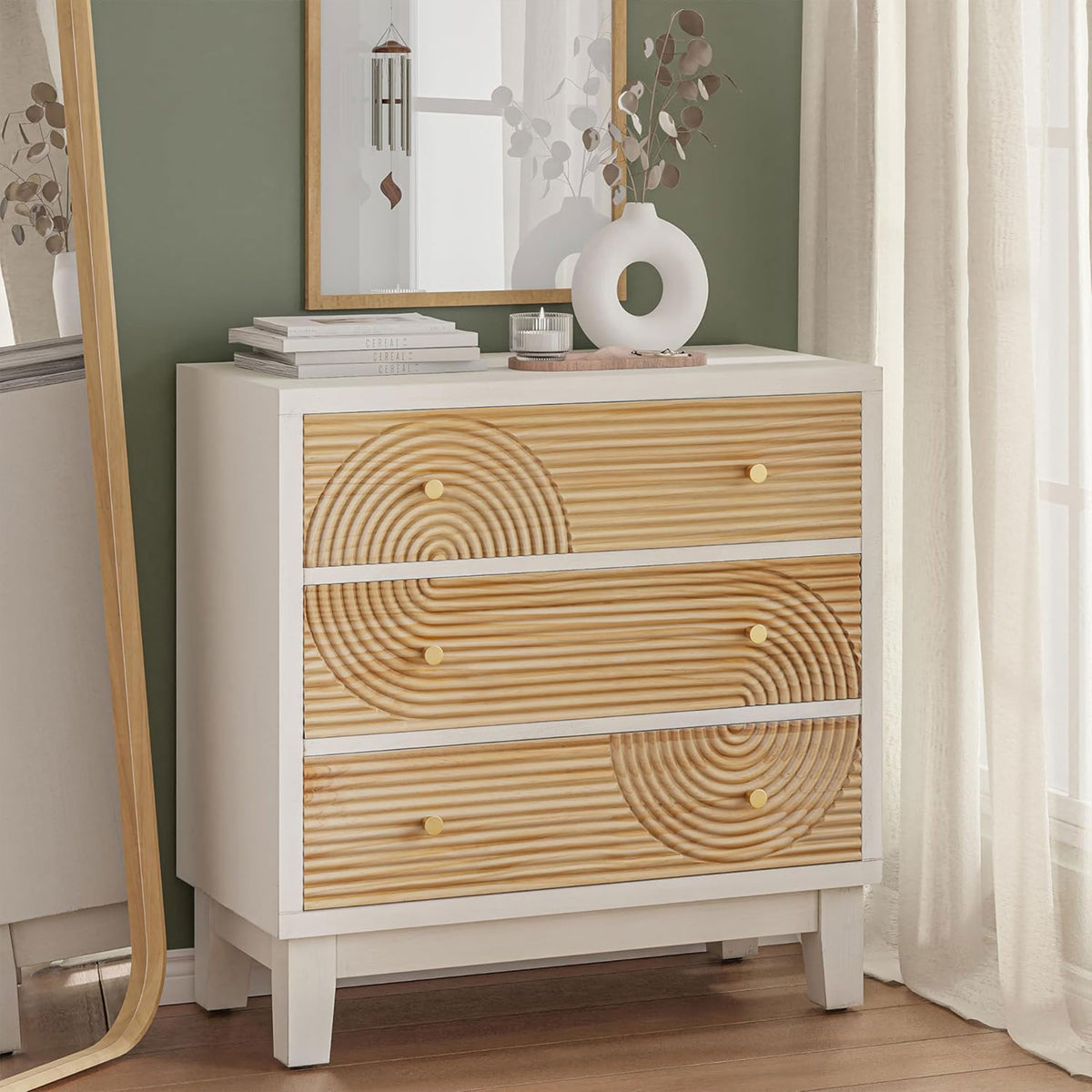 COZAYH 3-Drawer Farmhouse Dresser, Rustic Ring Motif Nightstand,(Open Box)