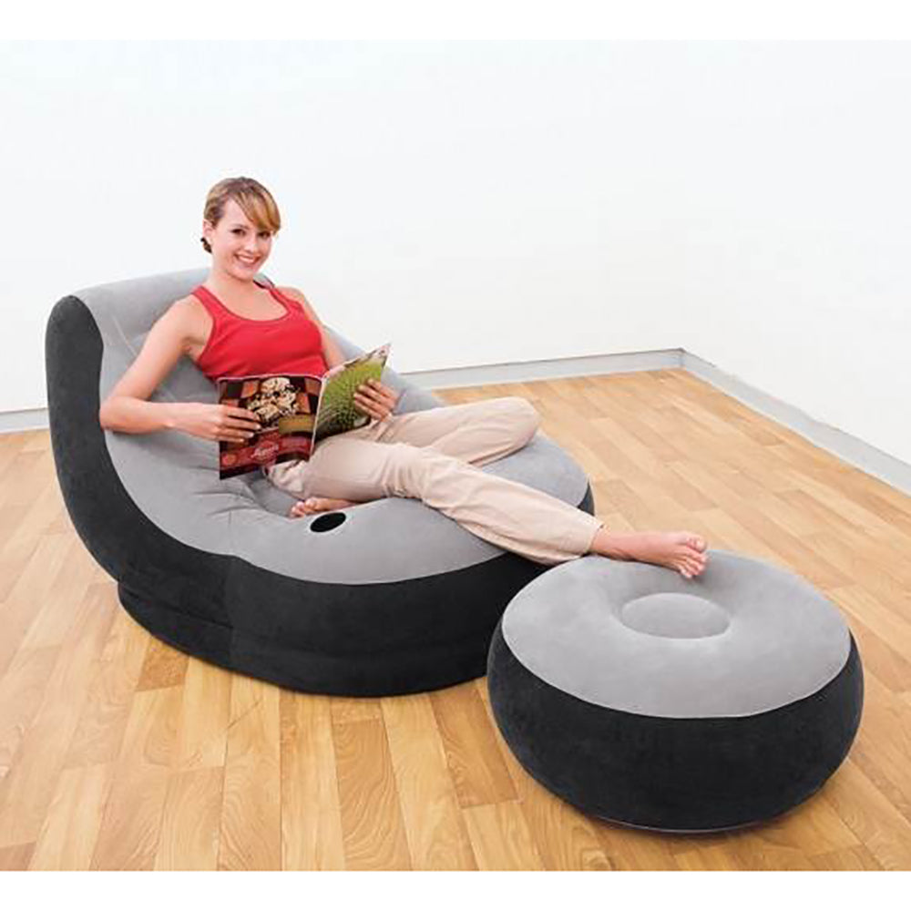 Intex 68564E Ultra Lounge Inflatable Chair with Cup Holder and Ottoman Set, Gray