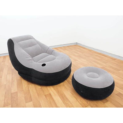 Intex 68564E Ultra Lounge Inflatable Chair with Cup Holder and Ottoman Set, Gray