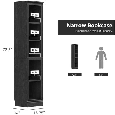 VAUXHILL & CO. Halston Narrow Bookcase, Adjustable Storage Shelving Unit, Black