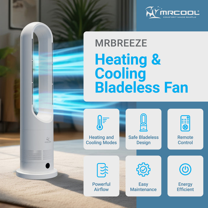 MrCool MrBreeze 4K BTU Portable Bladeless Heater and Cooling Tower Fan, White