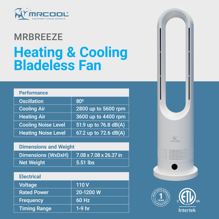 MrCool MrBreeze 4K BTU Portable Bladeless Heater and Cooling Tower Fan, White