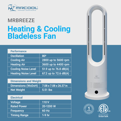 MRCOOL MrBreeze 4K BTU Portable Bladeless Heater and Cooling Tower Fan, (Used)