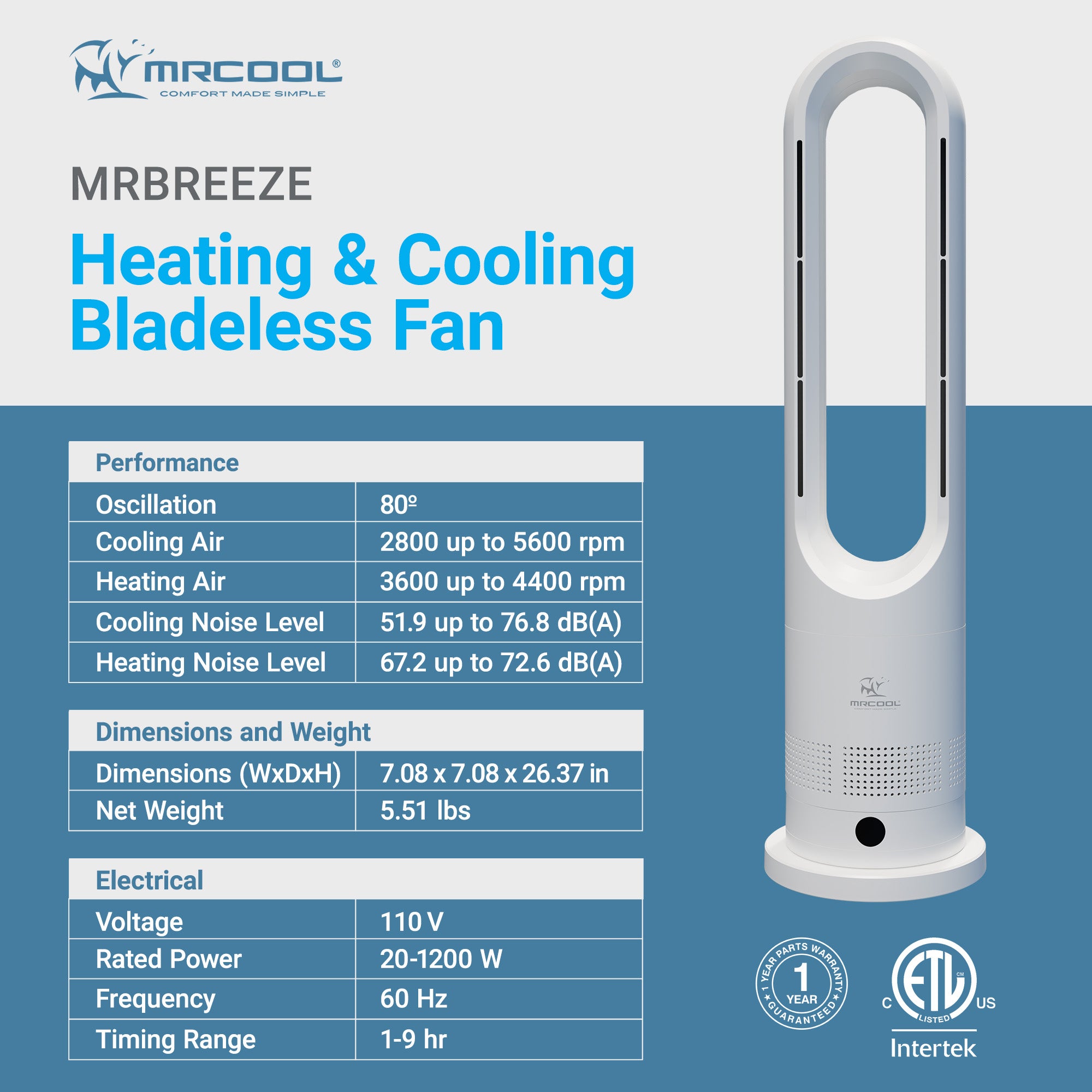 MRCOOL MrBreeze 4K BTU Portable Bladeless Heater and Cooling Tower Fan, (Used)