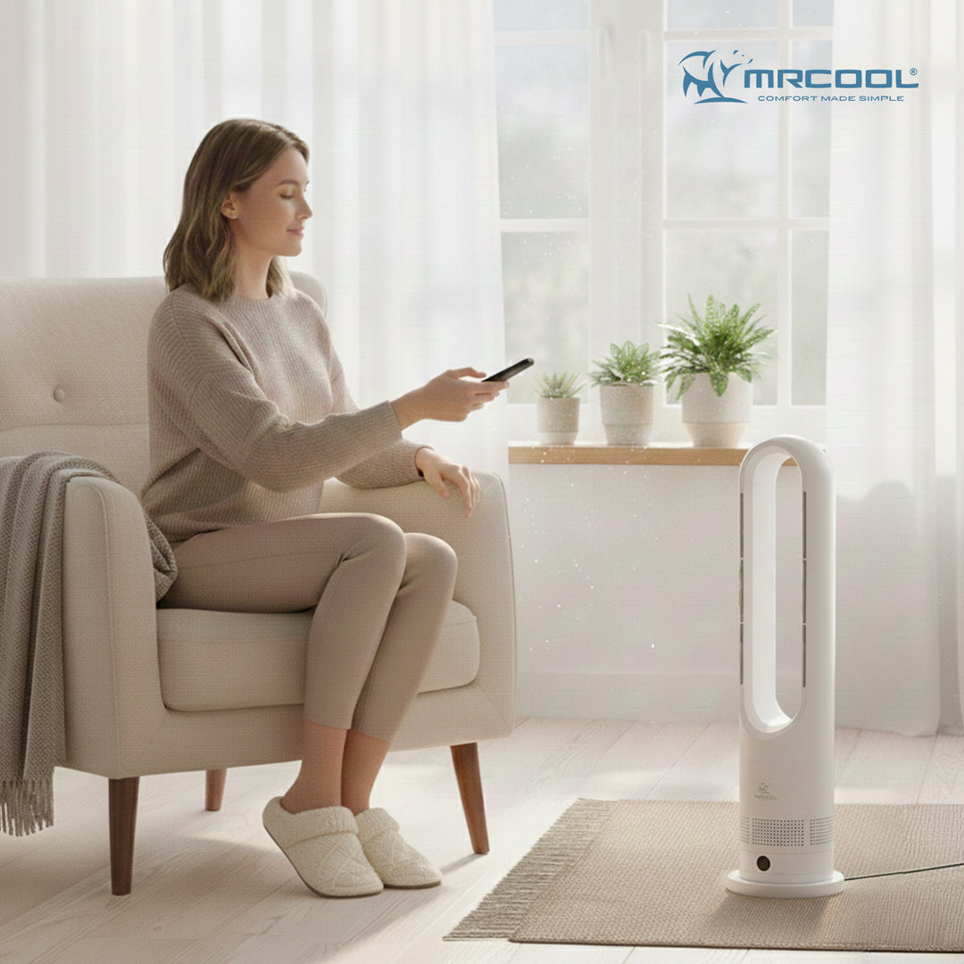 MrCool MrBreeze 4K BTU Portable Bladeless Heater and Cooling Tower Fan, White