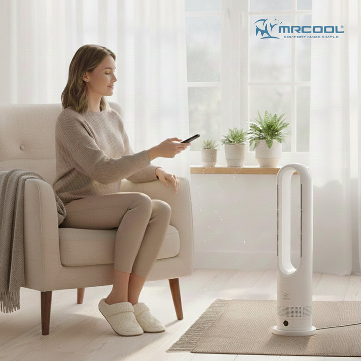 MrCool MrBreeze 4K BTU Portable Bladeless Heater and Cooling Tower Fan, White
