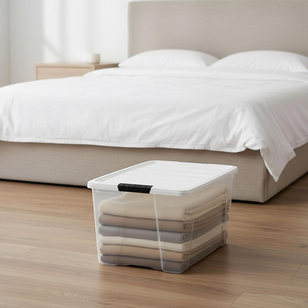 IRIS USA 4 Pack 72 Quart Stackable Plastic Storage Bins with Lids, Clear/White