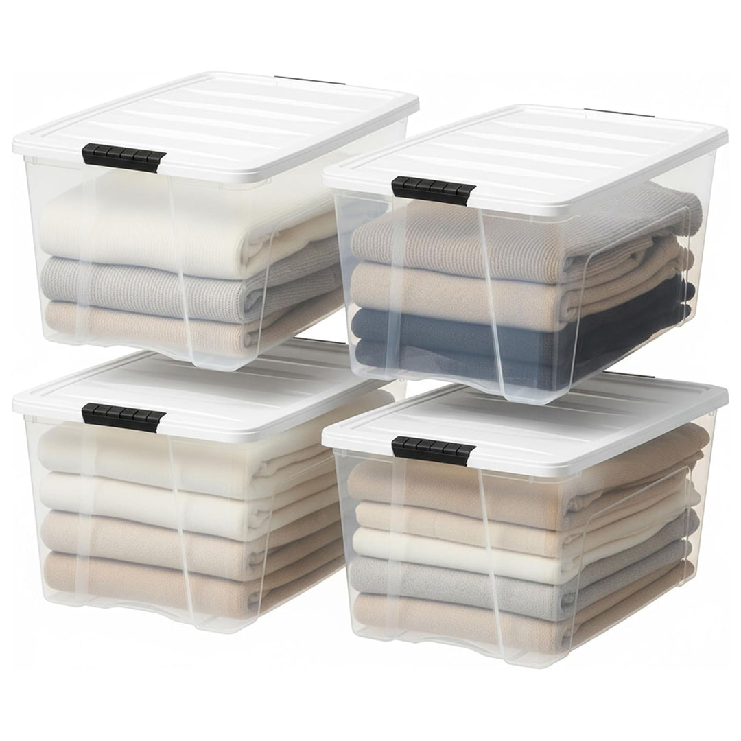 IRIS USA 4 Pack 72 Quart Stackable Plastic Storage Bins with Lids, Clear/White
