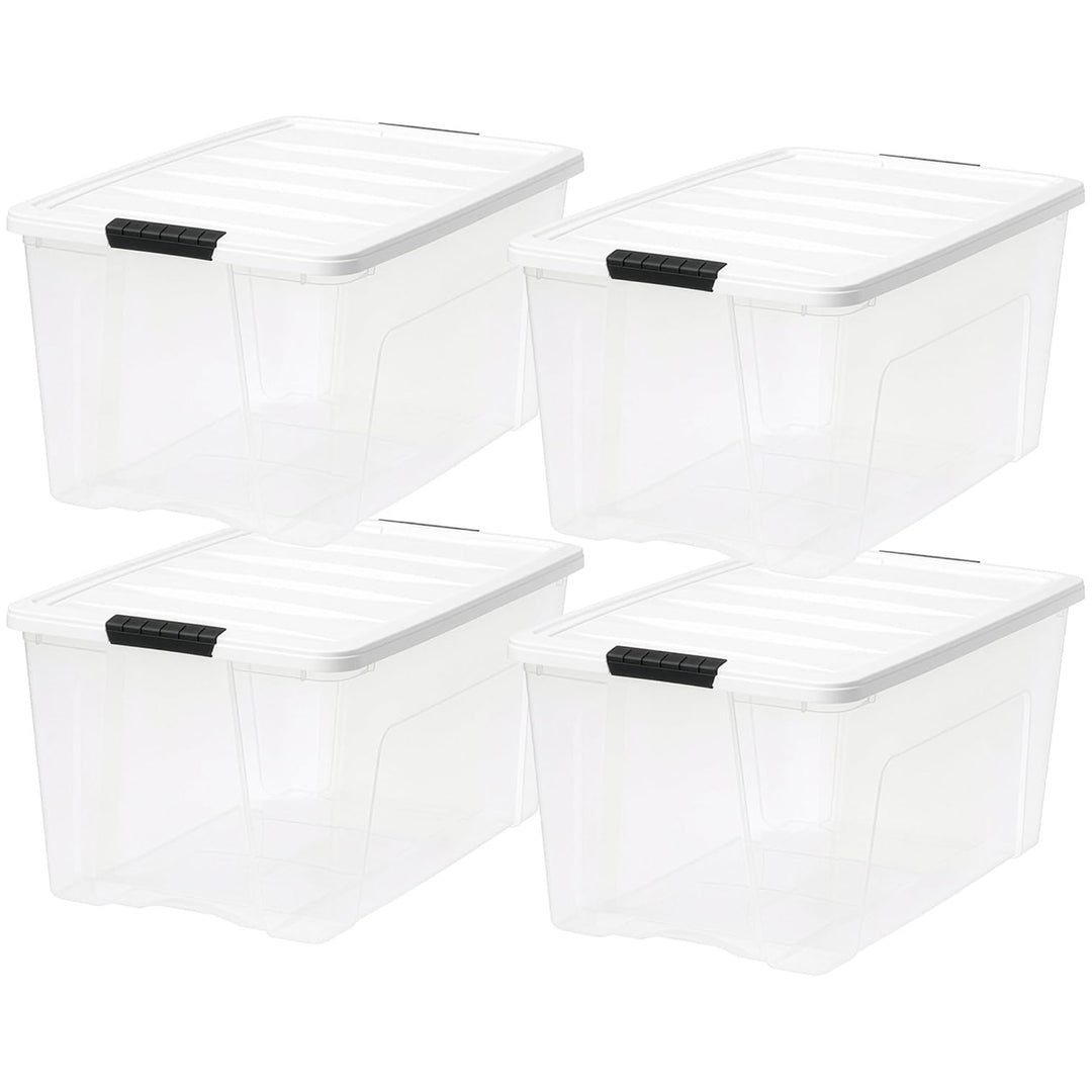 IRIS USA 4 Pack 72 Quart Stackable Plastic Storage Bins with Lids, Clear/White