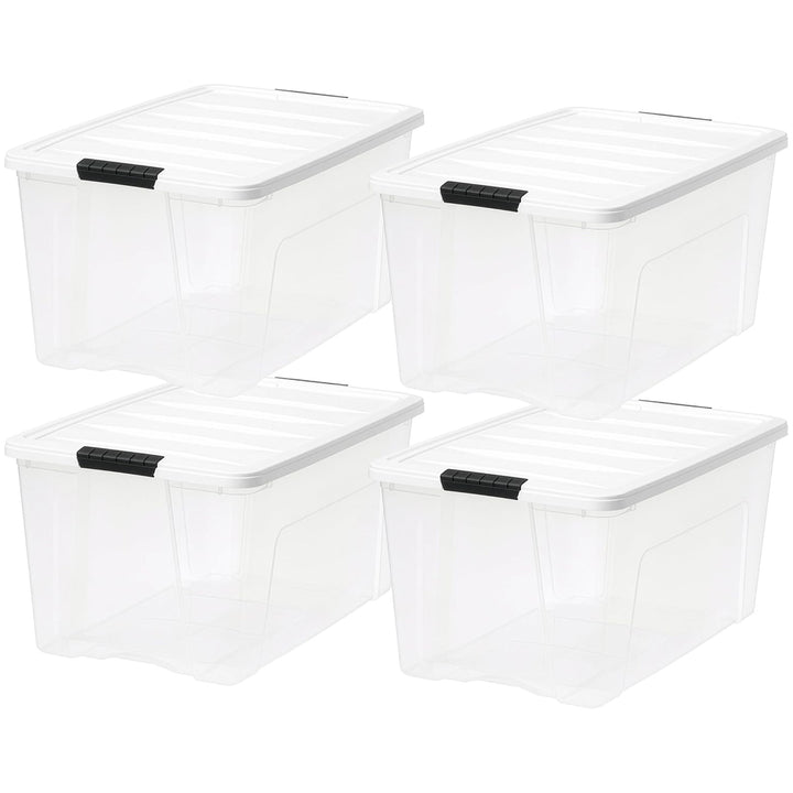 IRIS USA 4 Pack 72 Quart Stackable Plastic Storage Bins with Lids, Clear/White