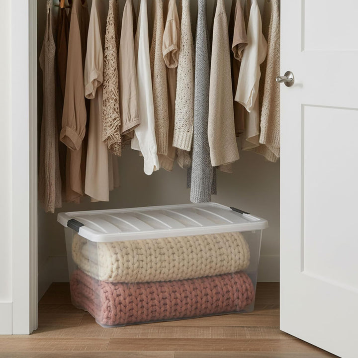 IRIS USA 4 Pack 94 Quart Stackable Plastic Storage Bins with Lids, Clear/White